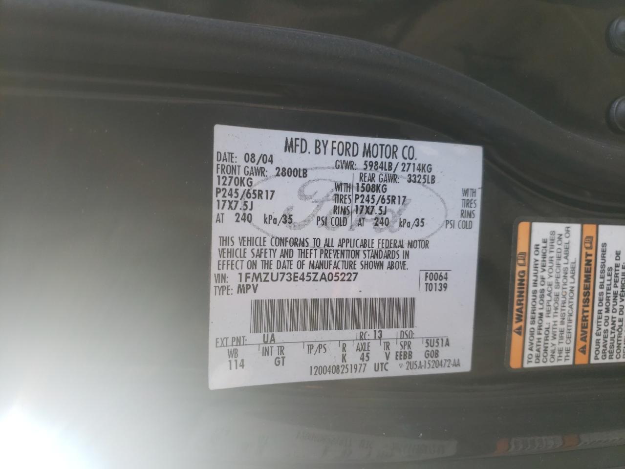 Photo 10 from auction – 2005 FORD EXPLORER X with VIN 1FMZU73E45ZA05227