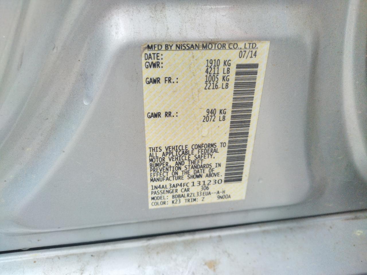 Photo 10 from auction – 2015 NISSAN ALTIMA 2.5 with VIN 1N4AL3AP4FC131230