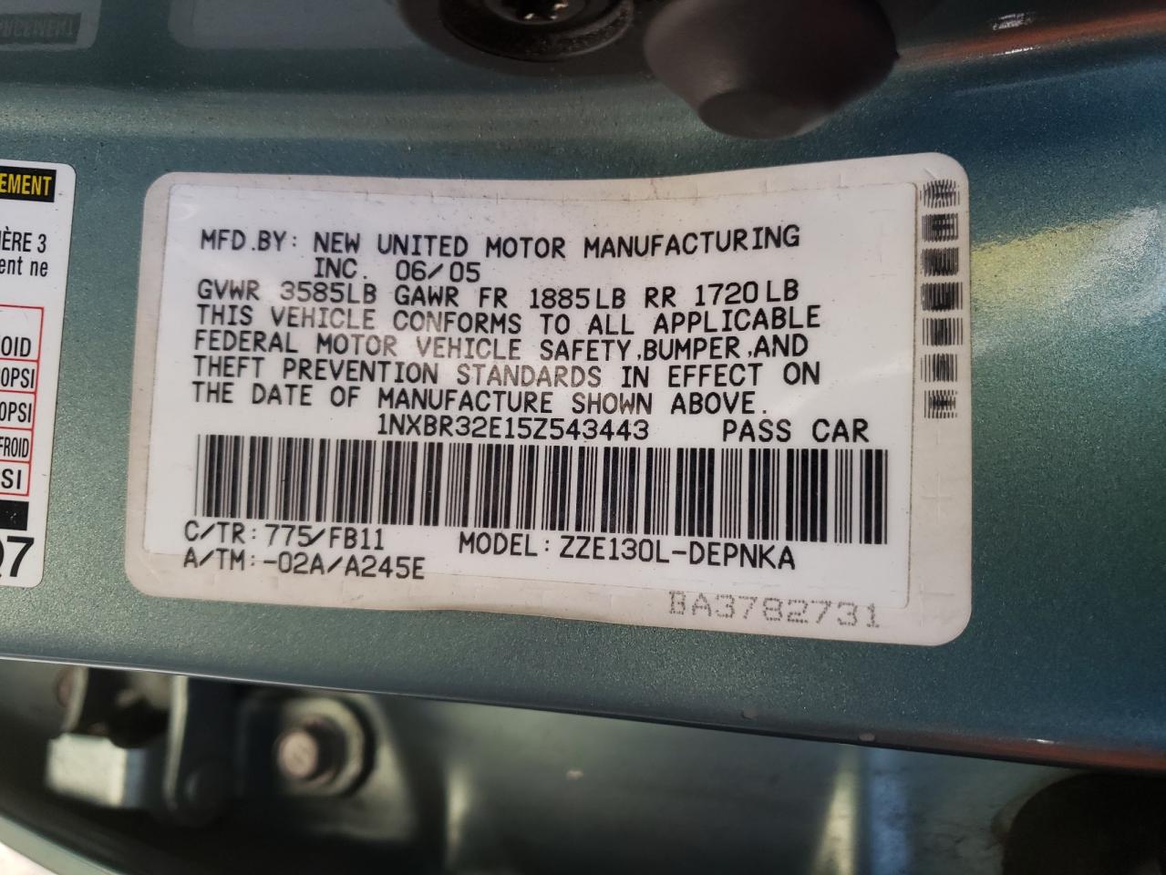 Photo 10 from auction – 2005 TOYOTA COROLLA CE with VIN 1NXBR32E15Z543443