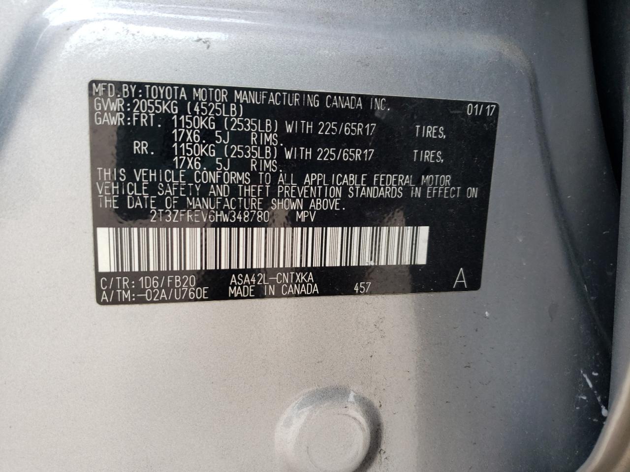 Photo 10 from auction – 2017 TOYOTA RAV4 LE with VIN 2T3ZFREV6HW348780