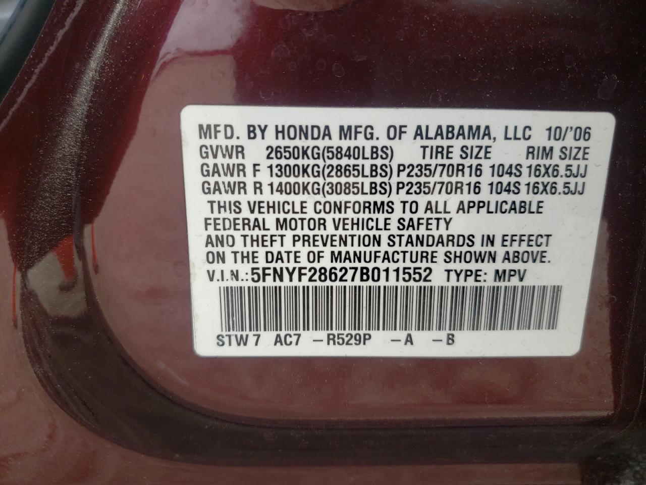 Photo 10 from auction – 2007 HONDA PILOT EXL with VIN 5FNYF28627B011552