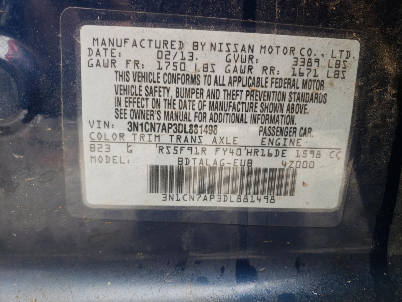 Photo 10 from auction – 2013 NISSAN VERSA S with VIN 3N1CN7AP3DL881498