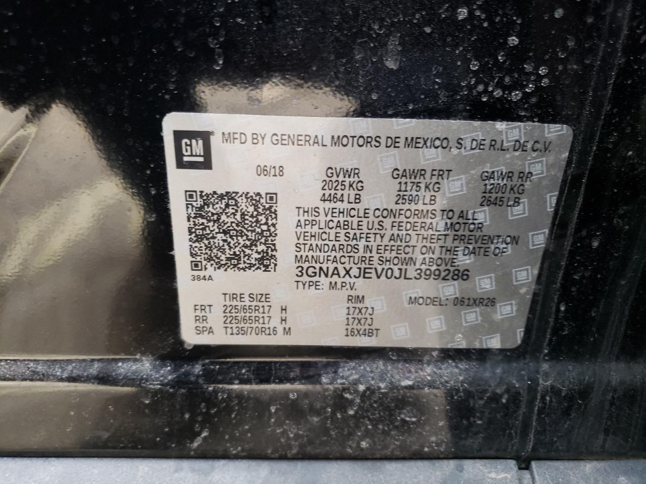 Photo 10 from auction – 2018 CHEVROLET EQUINOX LT with VIN 3GNAXJEV0JL399286