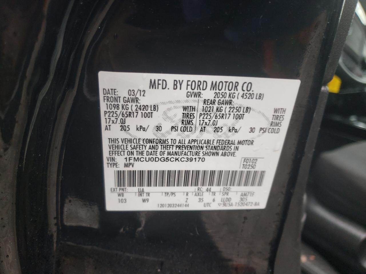 Zdjęcie 10 z aukcji – 2012 FORD ESCAPE XLT z VIN 1FMCU0DG5CKC39170