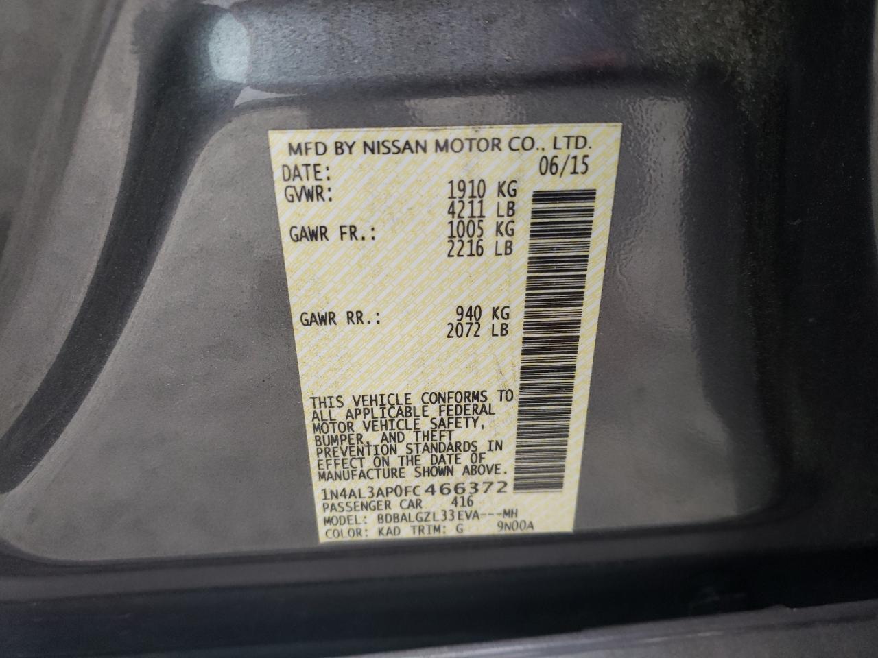 Photo 10 from auction – 2015 NISSAN ALTIMA 2.5 with VIN 1N4AL3AP0FC466372