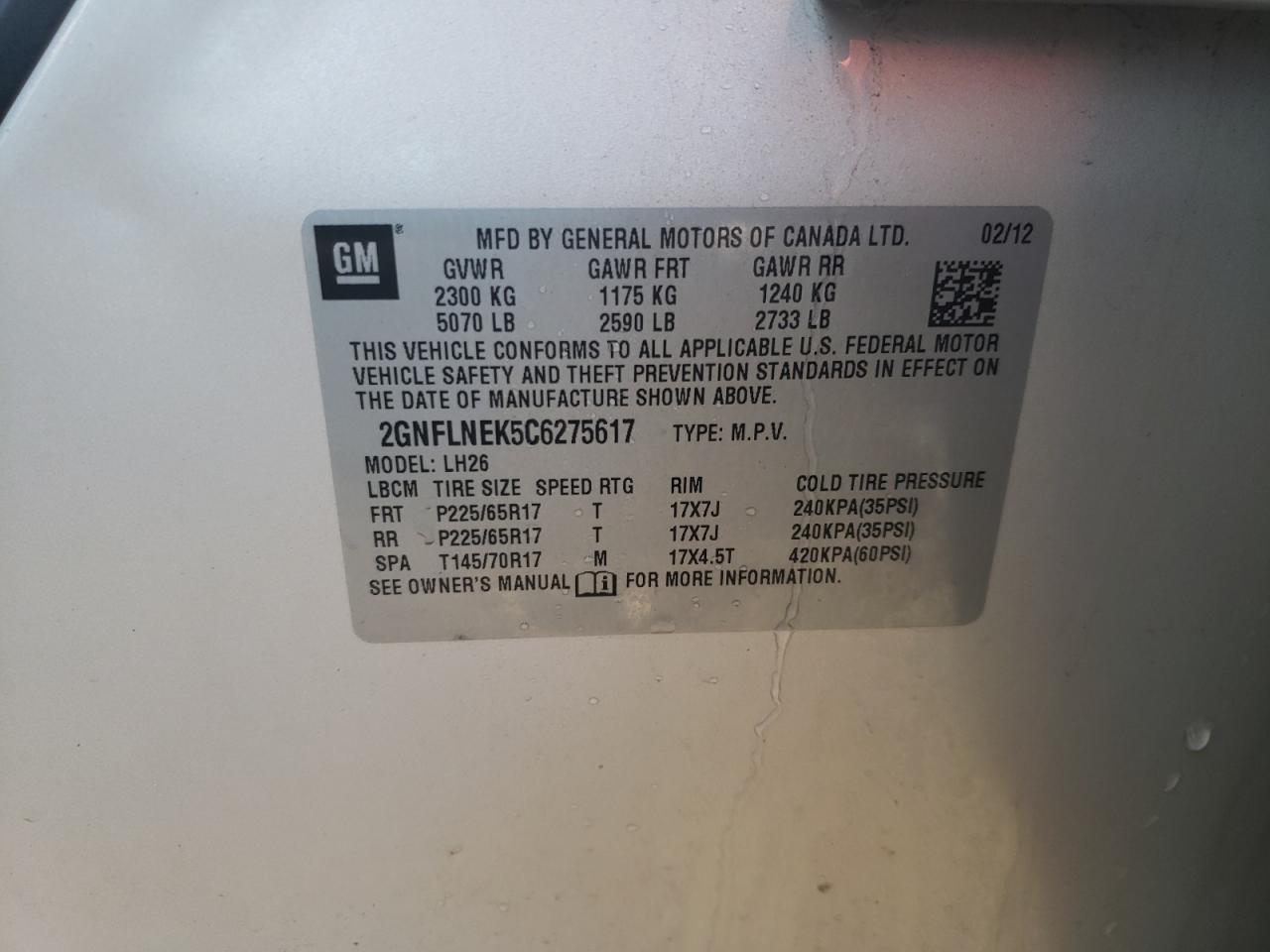 Photo 10 from auction – 2012 CHEVROLET EQUINOX LT with VIN 2GNFLNEK5C6275617