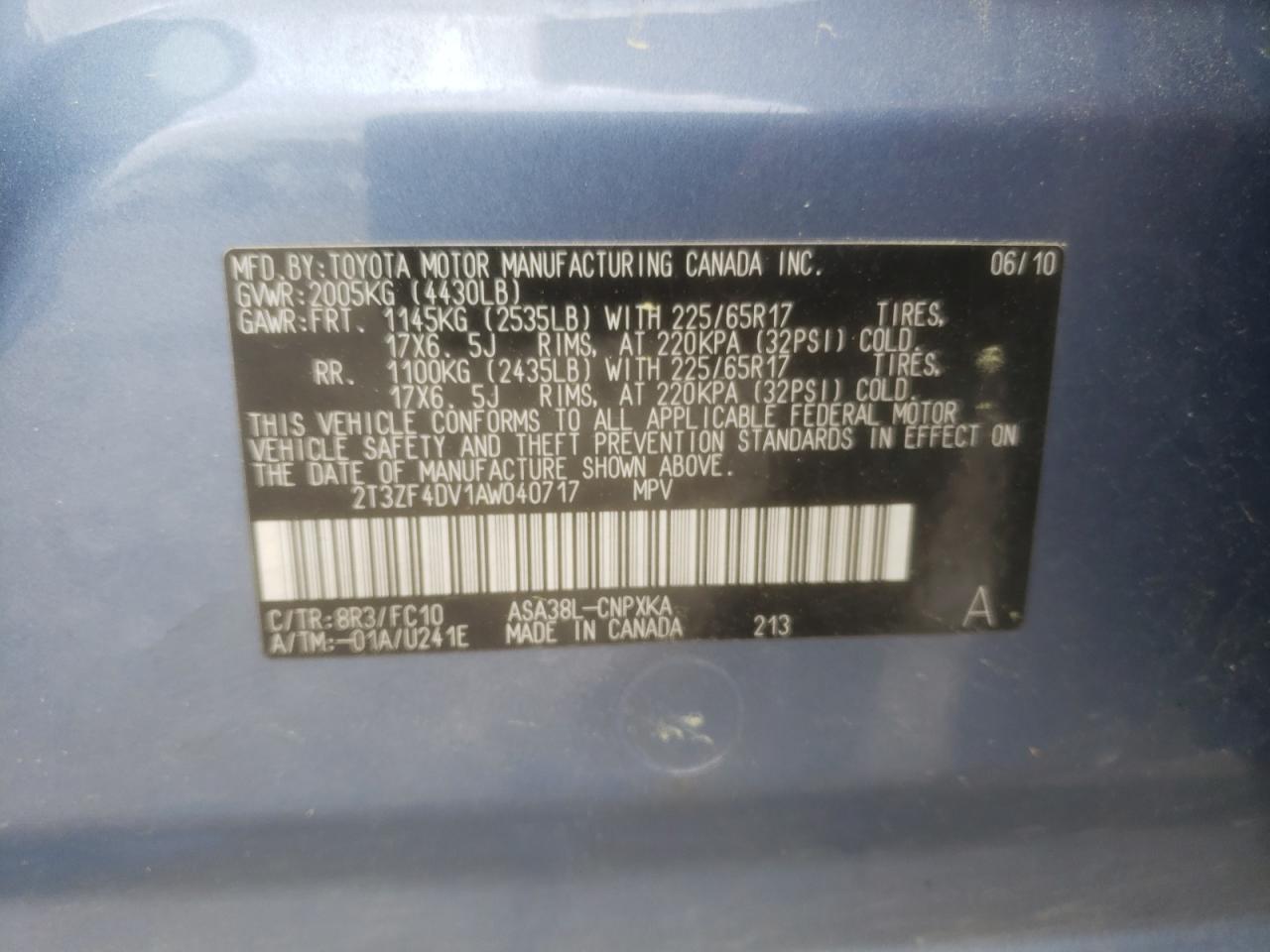 Photo 10 from auction – 2010 TOYOTA RAV4 with VIN 2T3ZF4DV1AW040717