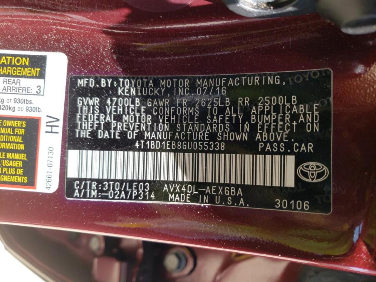 Photo 10 from auction – 2016 TOYOTA AVALON HYB with VIN 4T1BD1EB8GU055338