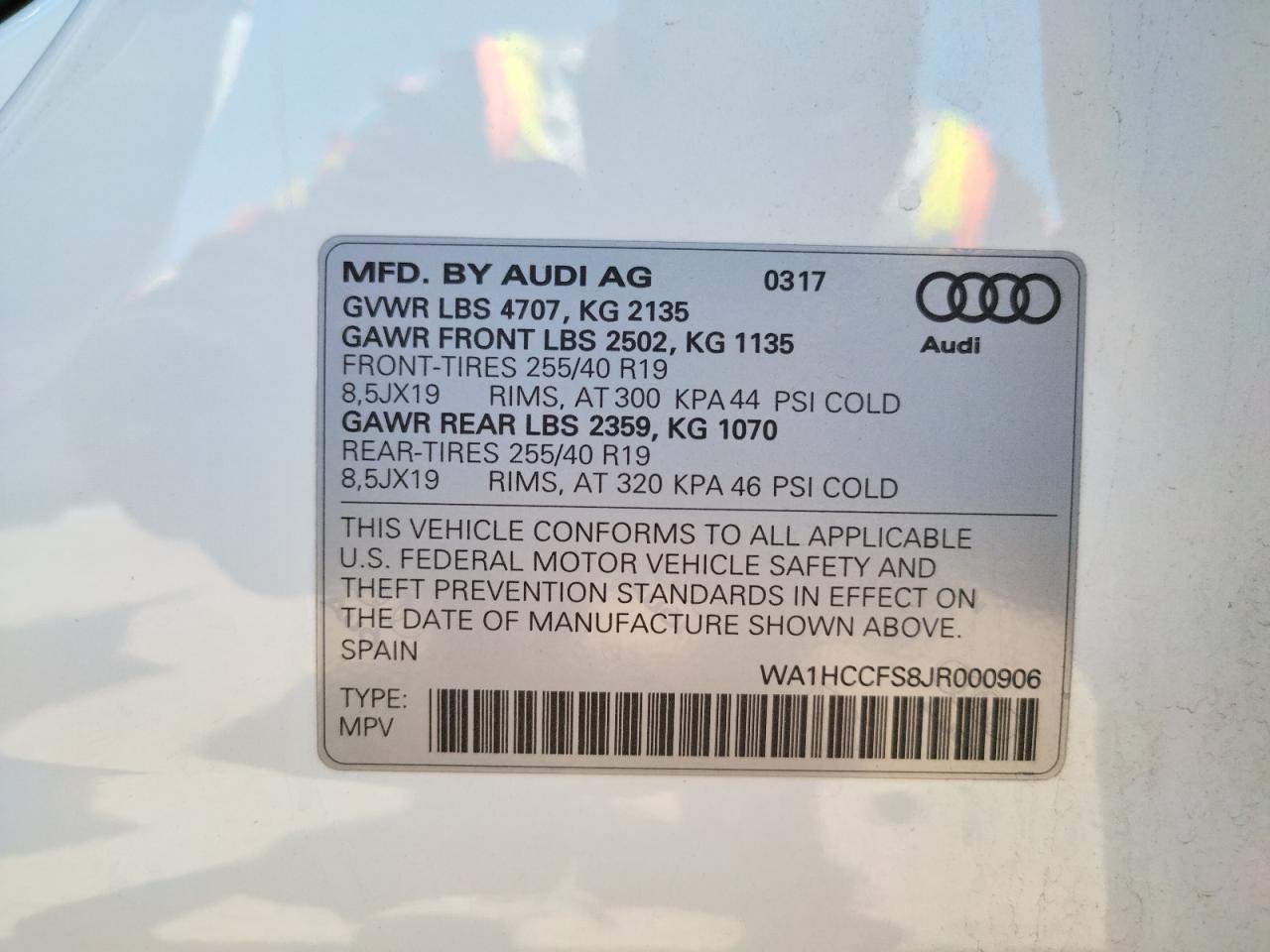 Photo 10 from auction – 2018 AUDI Q3 PREMIUM with VIN WA1HCCFS8JR000906