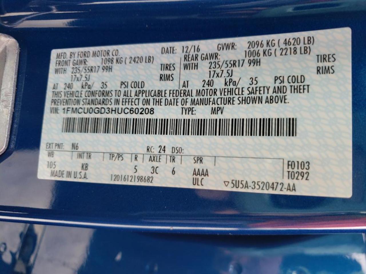 Photo 10 from auction – 2017 FORD ESCAPE SE with VIN 1FMCU0GD3HUC60208