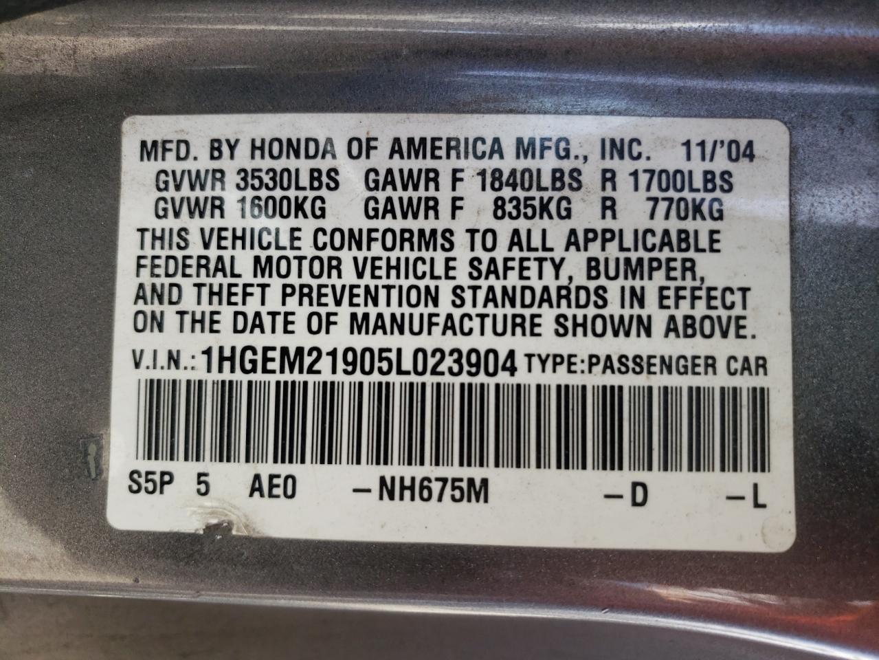 Photo 10 from auction – 2005 HONDA CIVIC EX with VIN 1HGEM21905L023904