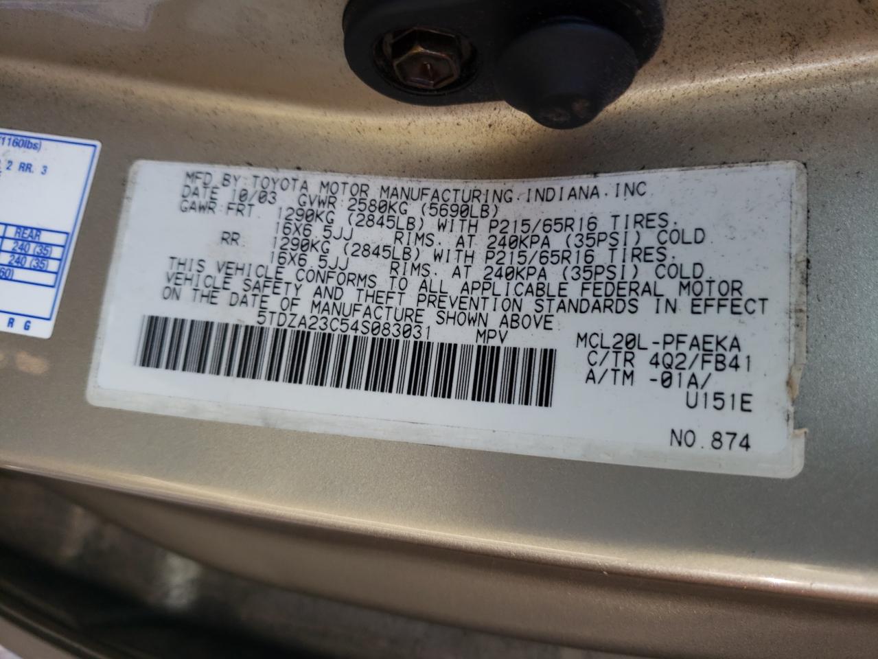 Photo 10 from auction – 2004 TOYOTA SIENNA CE with VIN 5TDZA23C54S083031