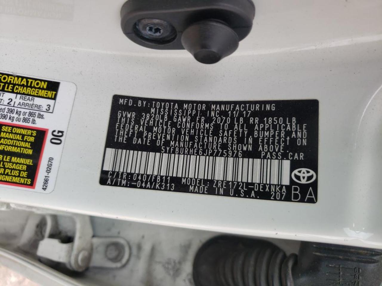 Photo 10 from auction – 2018 TOYOTA COROLLA L with VIN 5YFBURHE6JP775976