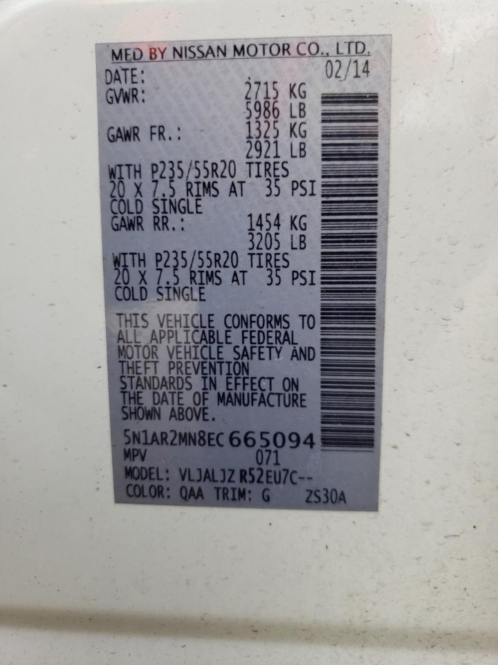 Photo 10 from auction – 2014 NISSAN PATHFINDER with VIN 5N1AR2MN8EC665094