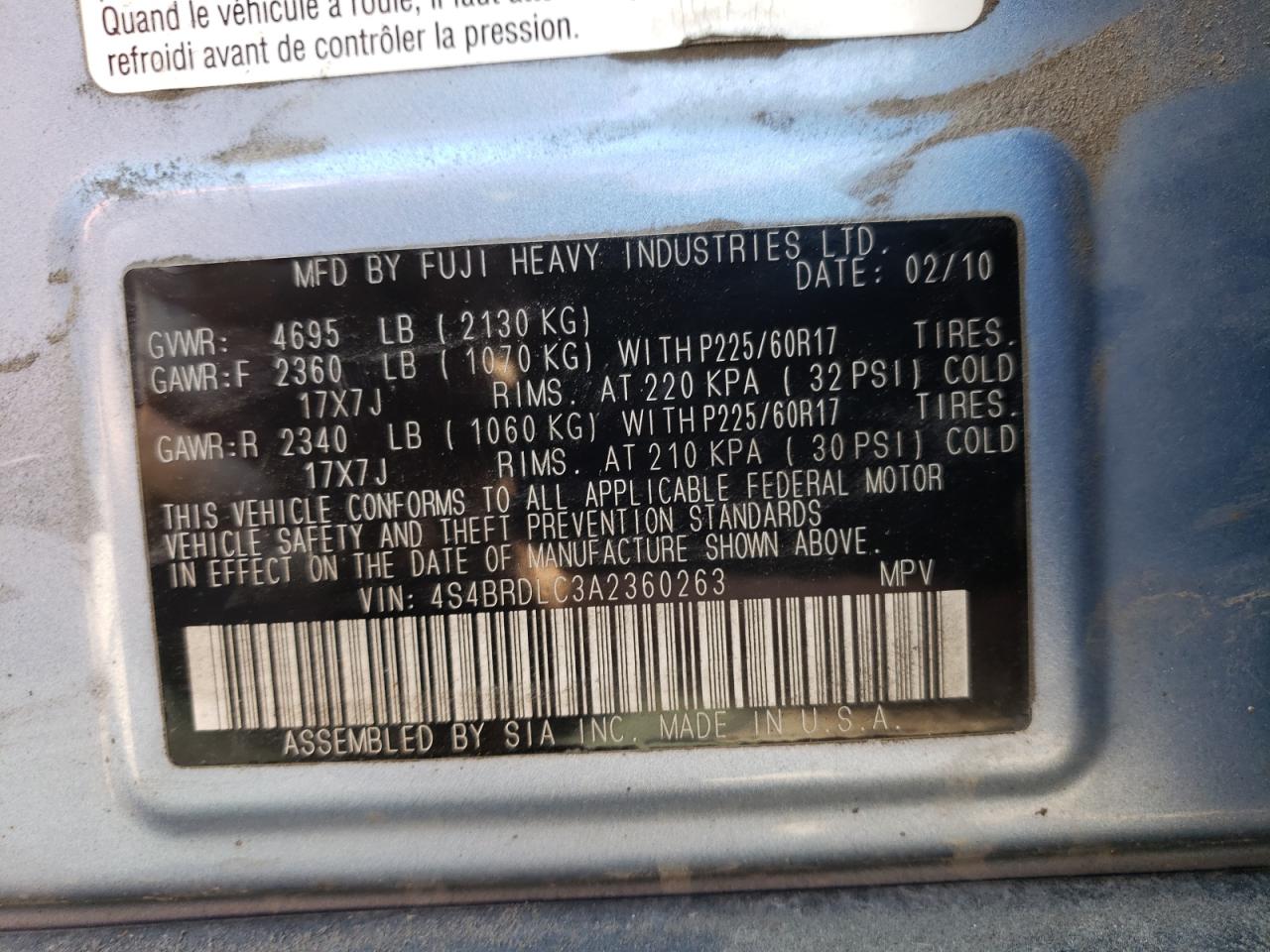 Photo 10 from auction – 2010 SUBARU OUTBACK 3. with VIN 4S4BRDLC3A2360263