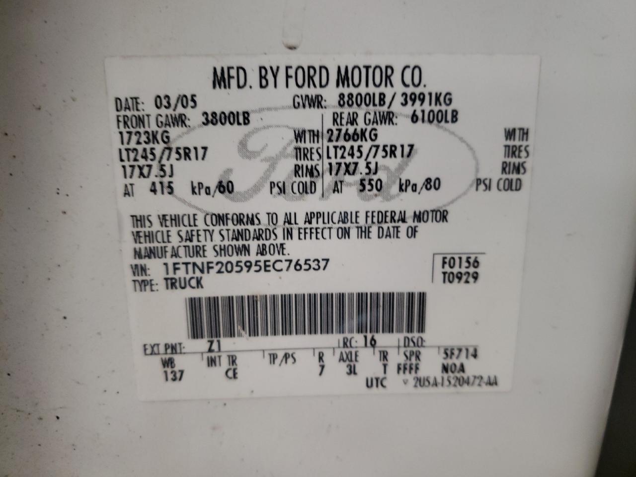 Photo 10 from auction – 2005 FORD F250 SUPER with VIN 1FTNF20595EC76537