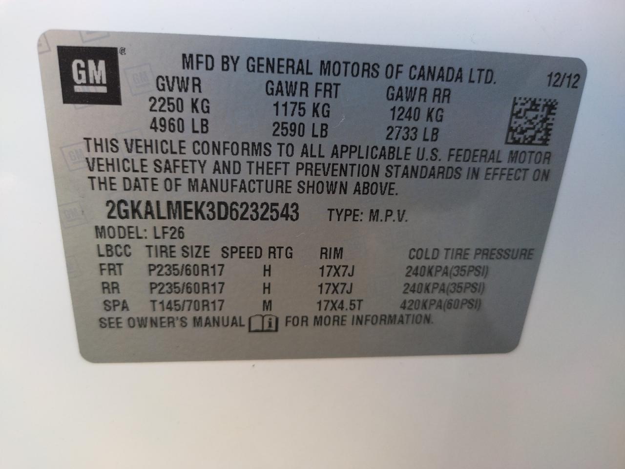 Photo 10 from auction – 2013 GMC TERRAIN SL with VIN 2GKALMEK3D6232543