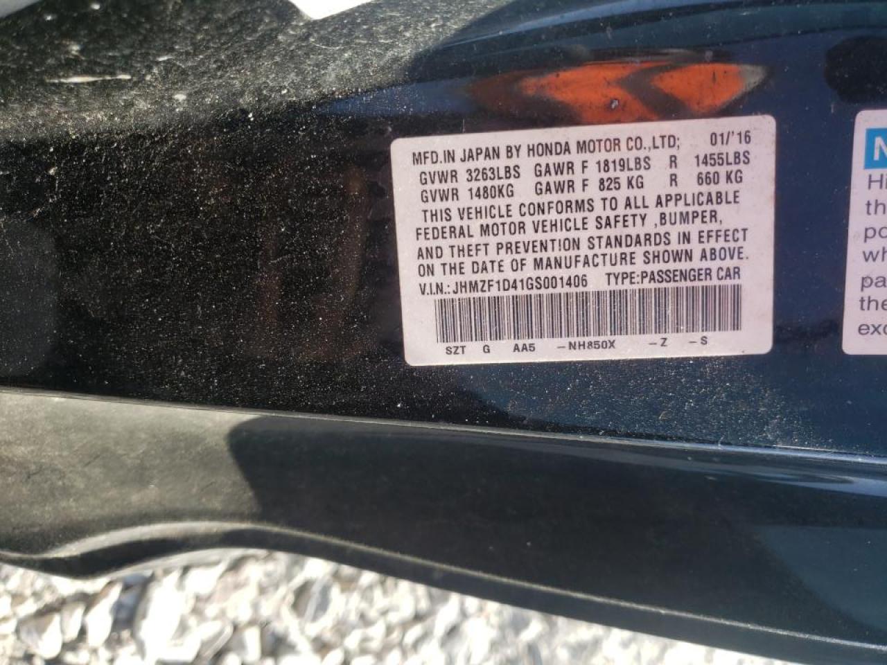 Photo 10 from auction – 2016 HONDA CR-Z with VIN JHMZF1D41GS001406