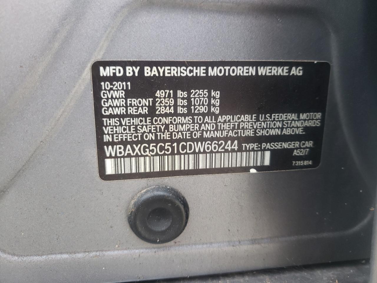 Photo 10 from auction – 2012 BMW 528 I with VIN WBAXG5C51CDW66244