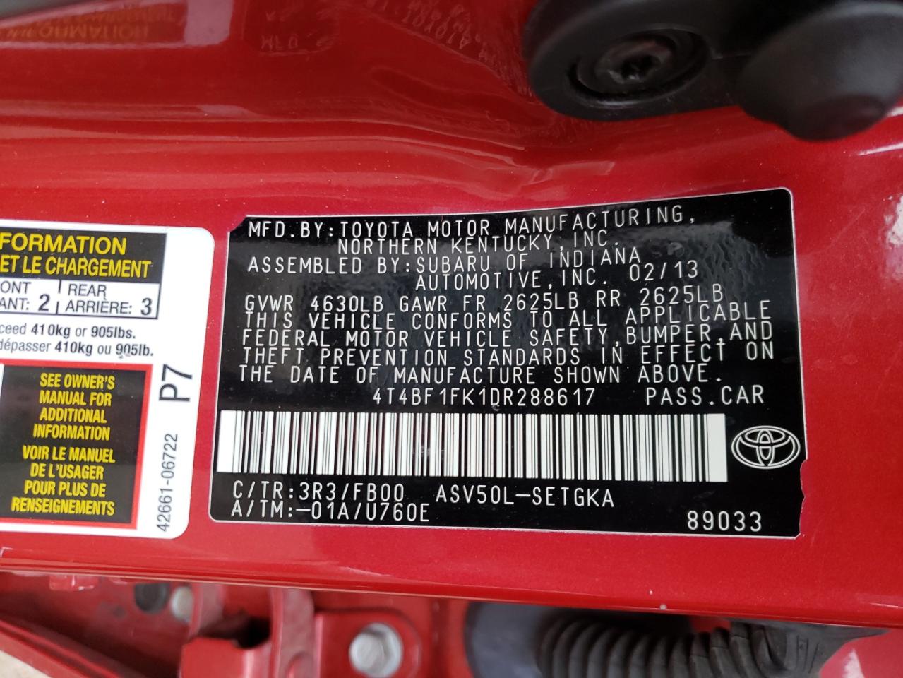 Photo 10 from auction – 2013 TOYOTA CAMRY L with VIN 4T4BF1FK1DR288617