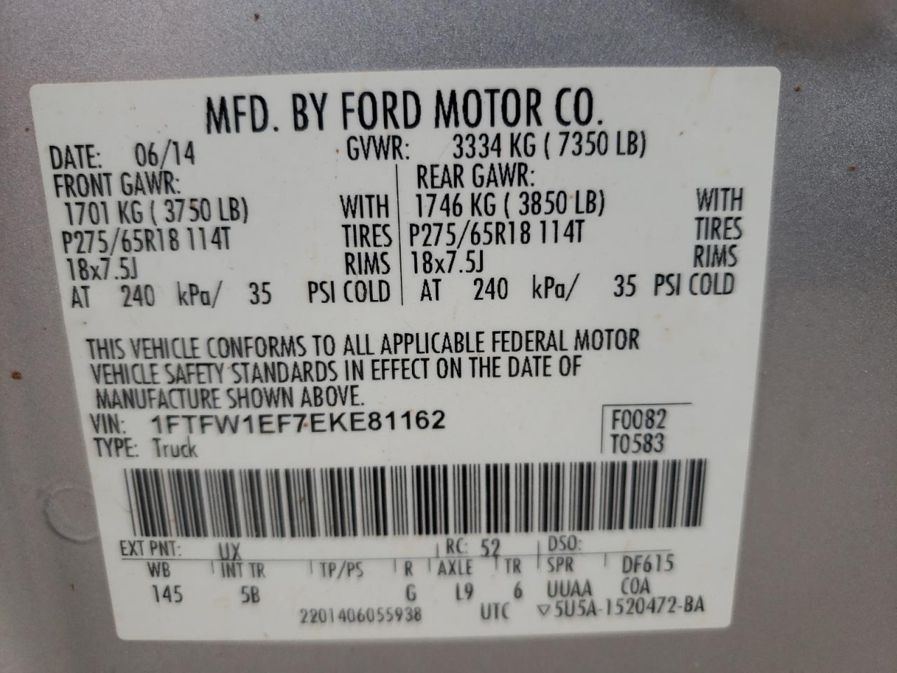 Photo 10 from auction – 2014 FORD F150 SUPER with VIN 1FTFW1EF7EKE81162