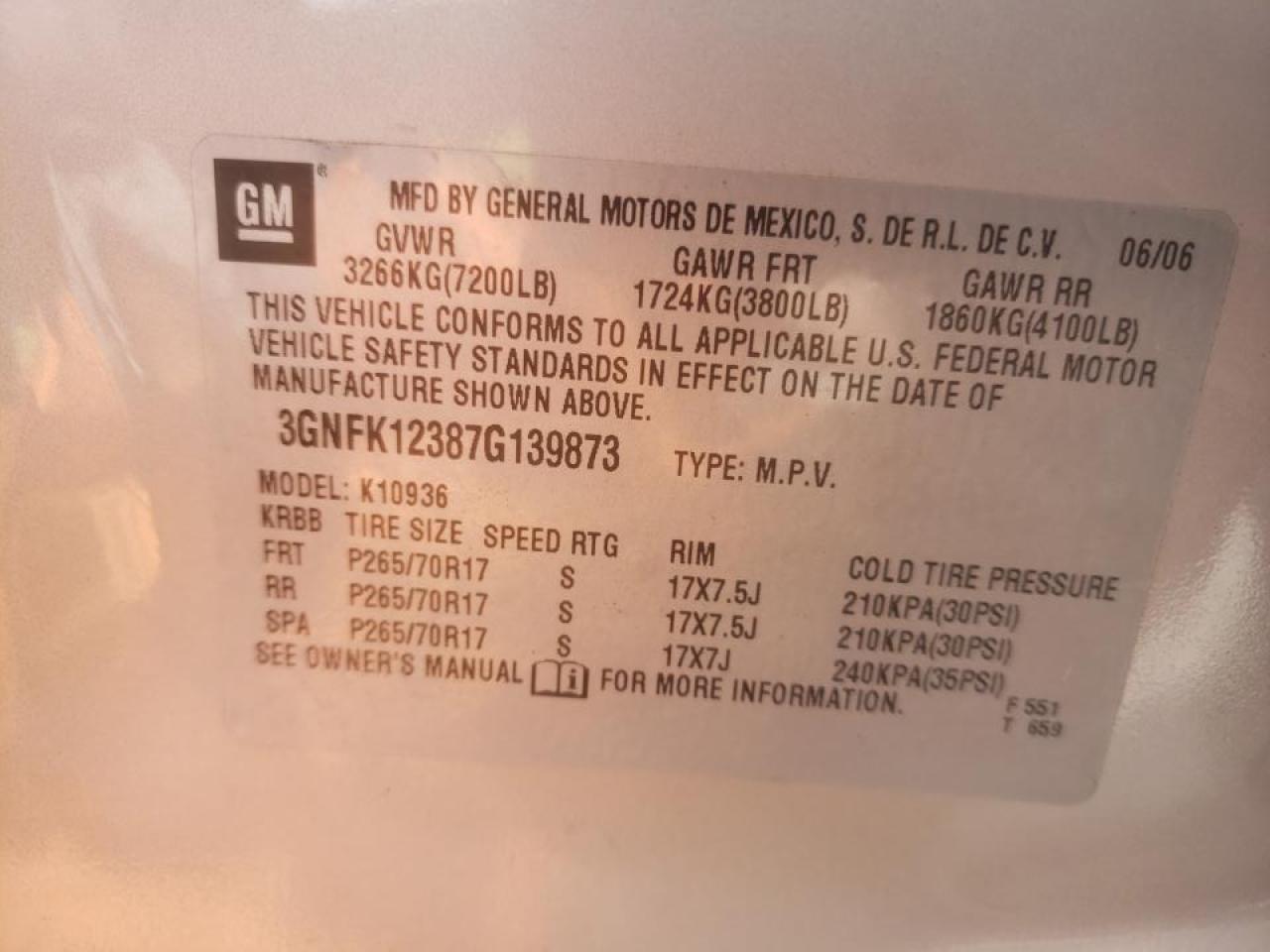 Photo 10 from auction – 2007 CHEVROLET AVALANCHE with VIN 3GNFK12387G139873