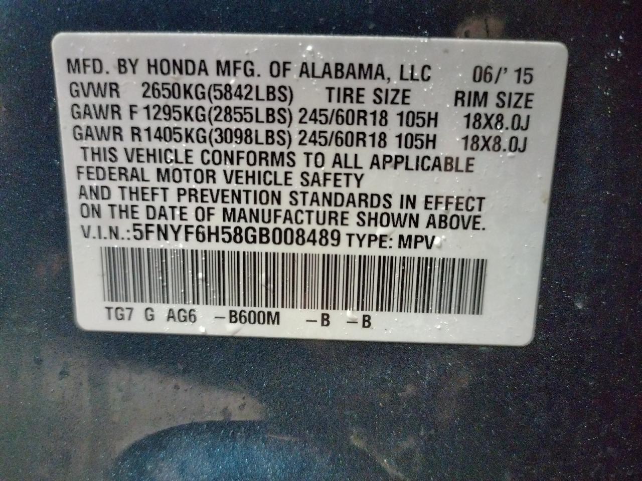 Photo 10 from auction – 2016 HONDA PILOT EXL with VIN 5FNYF6H58GB008489