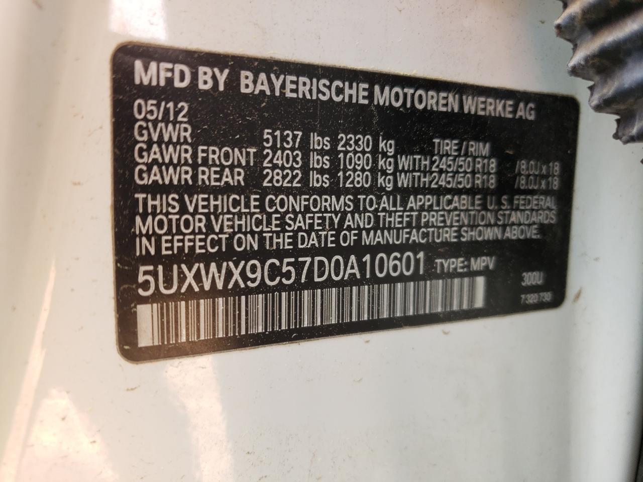 Photo 10 from auction – 2013 BMW X3 XDRIVE2 with VIN 5UXWX9C57D0A10601