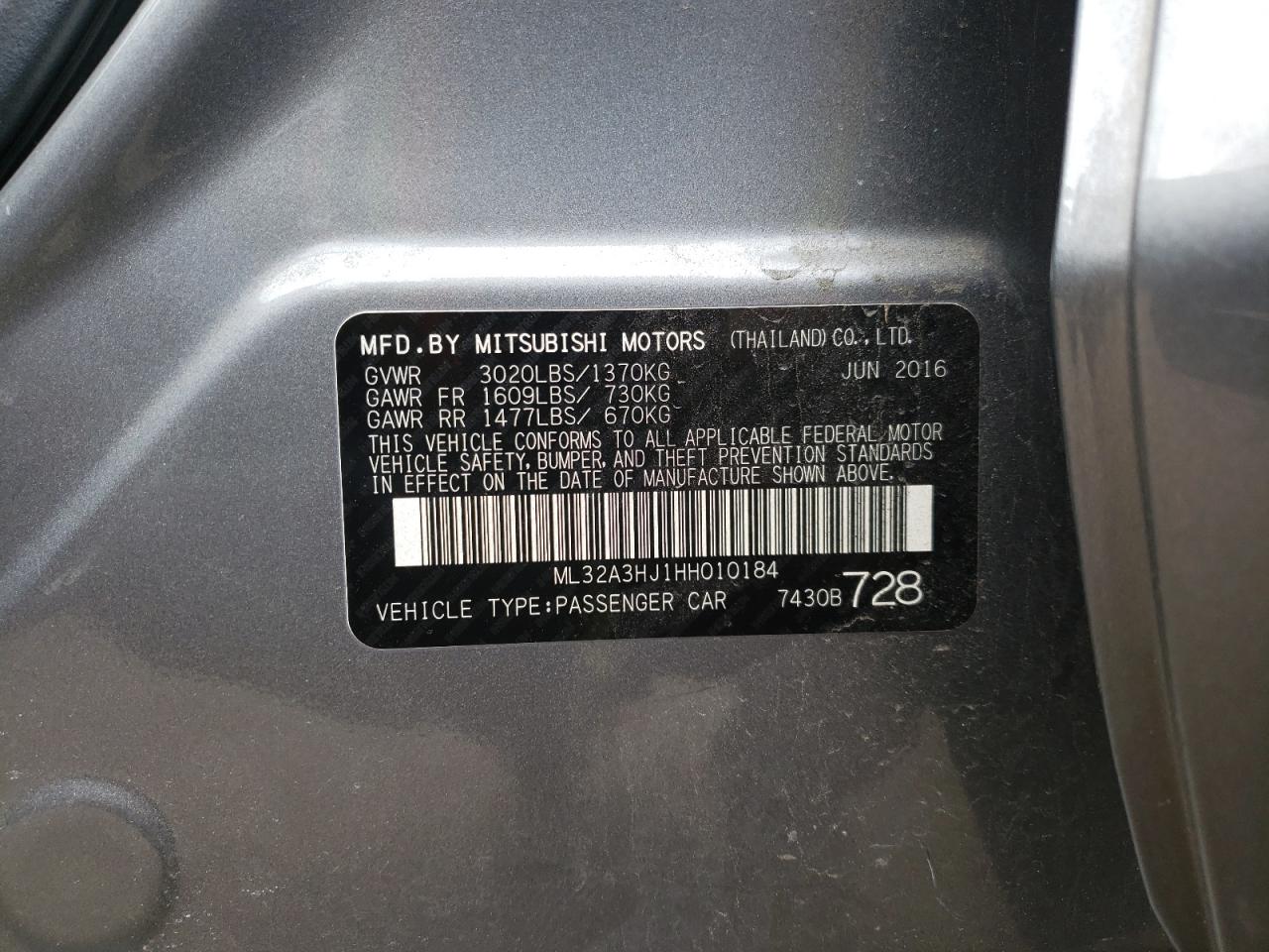 Photo 10 from auction – 2017 MITSUBISHI MIRAGE ES with VIN ML32A3HJ1HH010184