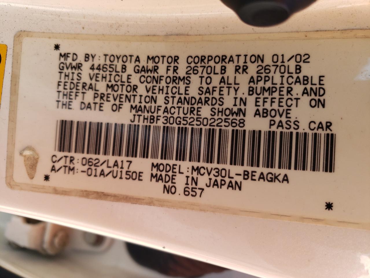 Photo 10 from auction – 2002 LEXUS ES 300 with VIN JTHBF30G525022568