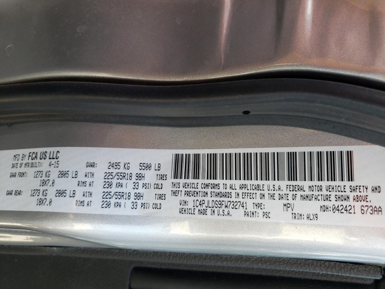 Photo 10 from auction – 2015 JEEP CHEROKEE L with VIN 1C4PJLDS9FW732741