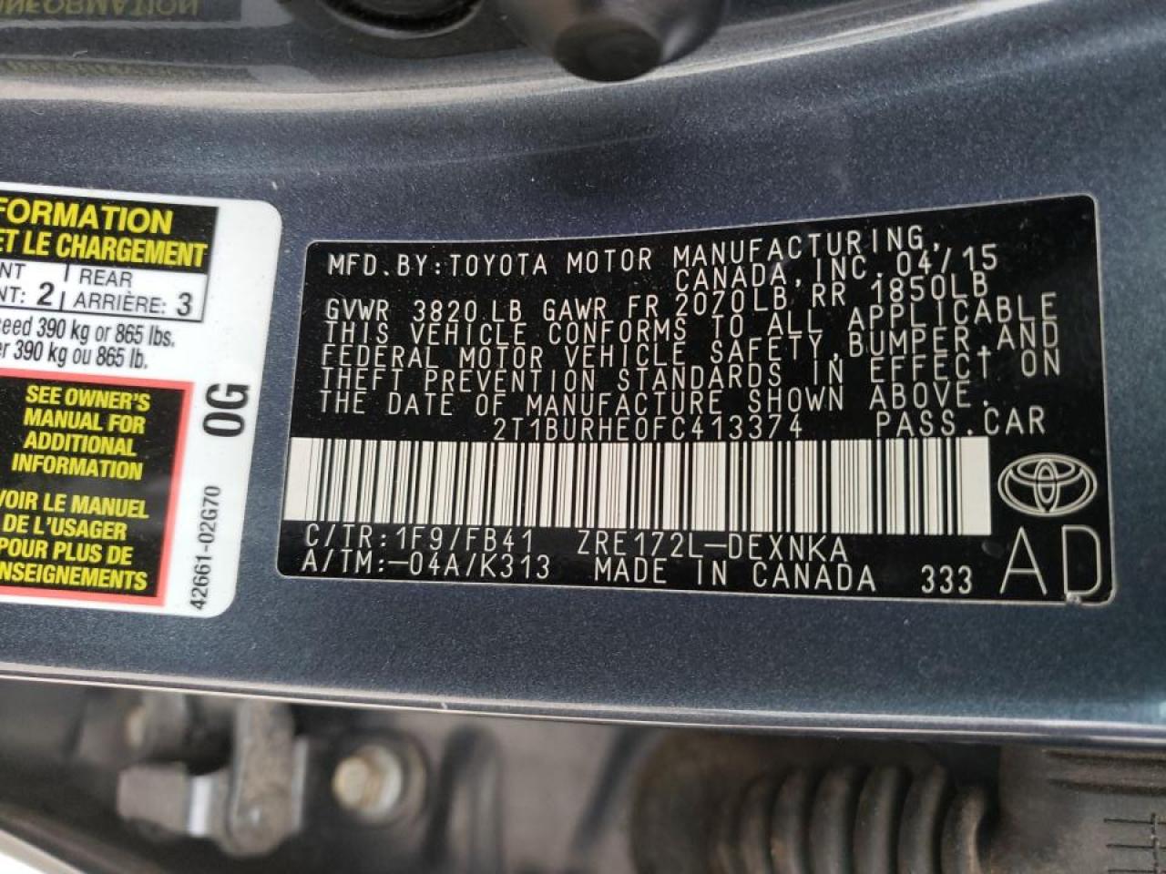 Photo 10 from auction – 2015 TOYOTA COROLLA L with VIN 2T1BURHE0FC413374