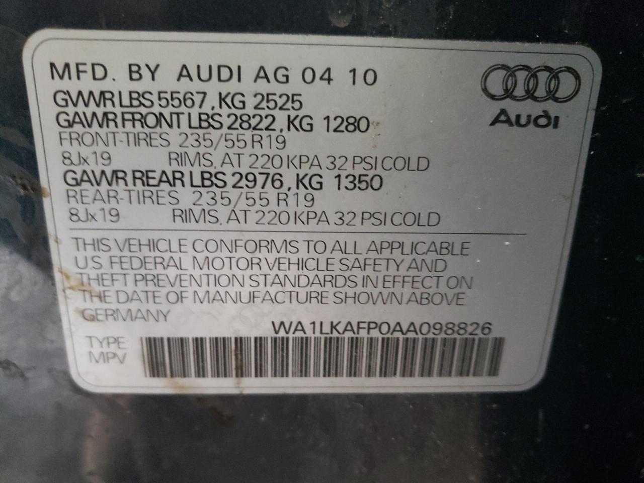 Photo 10 from auction – 2010 AUDI Q5 PREMIUM with VIN WA1LKAFP0AA098826