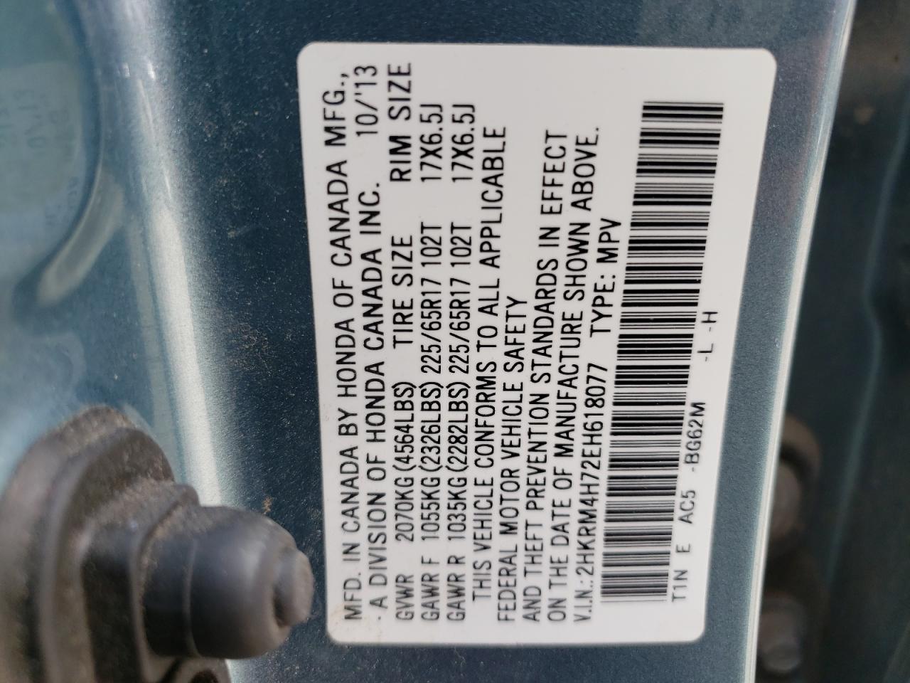 Photo 10 from auction – 2014 HONDA CR-V EXL with VIN 2HKRM4H72EH618077