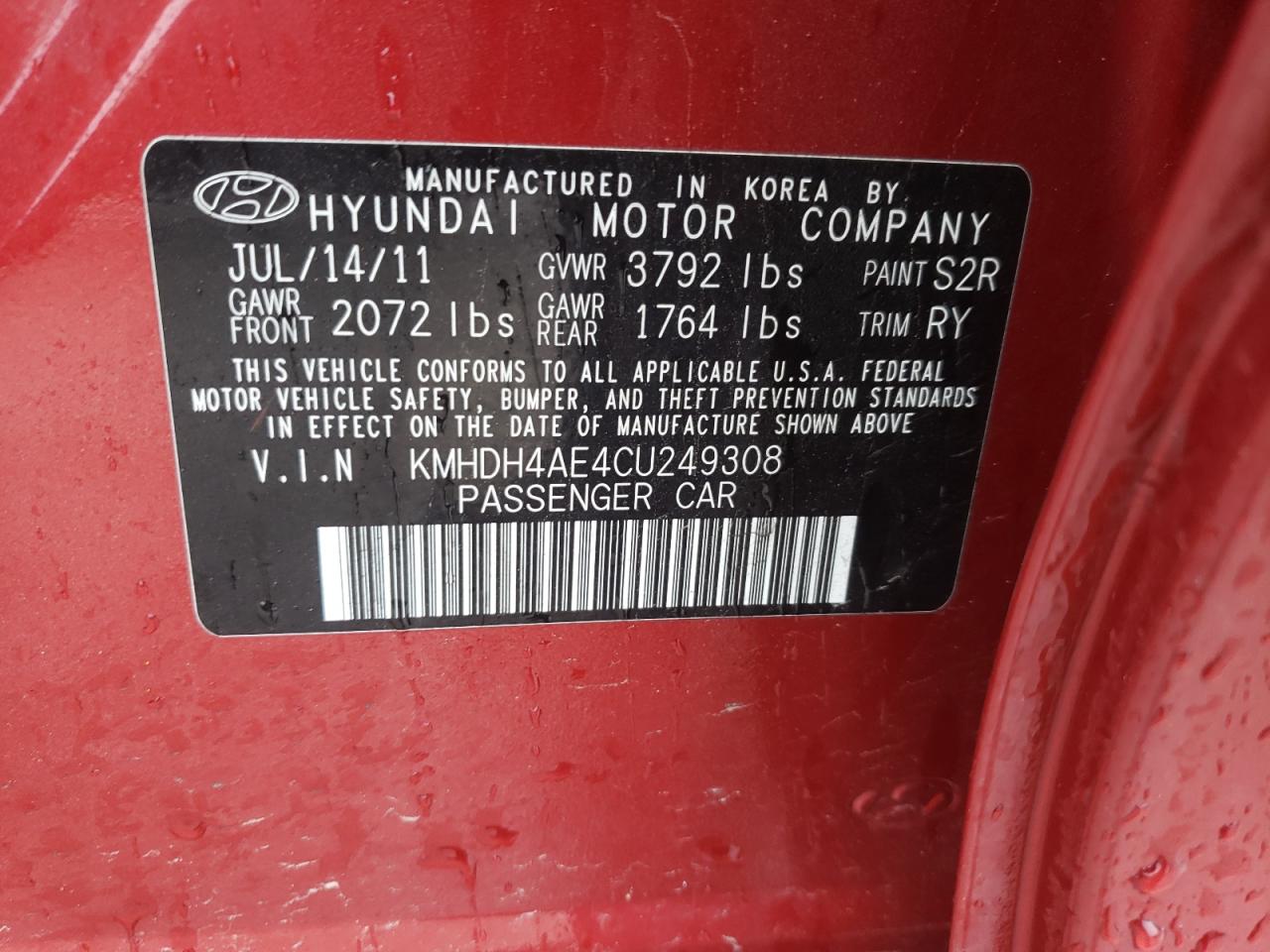 Photo 10 from auction – 2012 HYUNDAI ELANTRA GL with VIN KMHDH4AE4CU249308