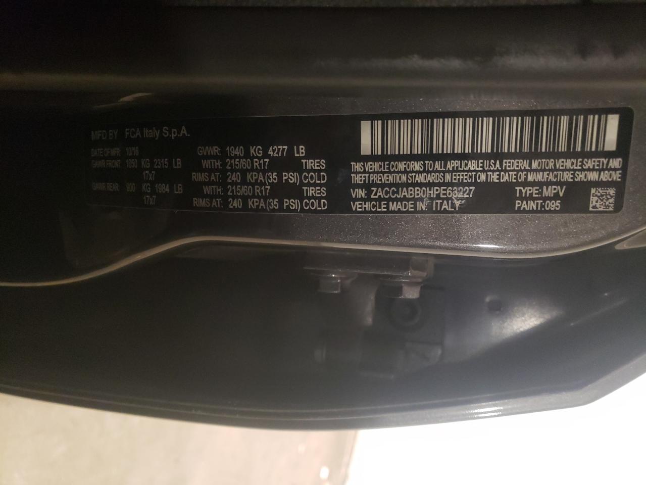 Photo 10 from auction – 2017 JEEP RENEGADE L with VIN ZACCJABB0HPE63227
