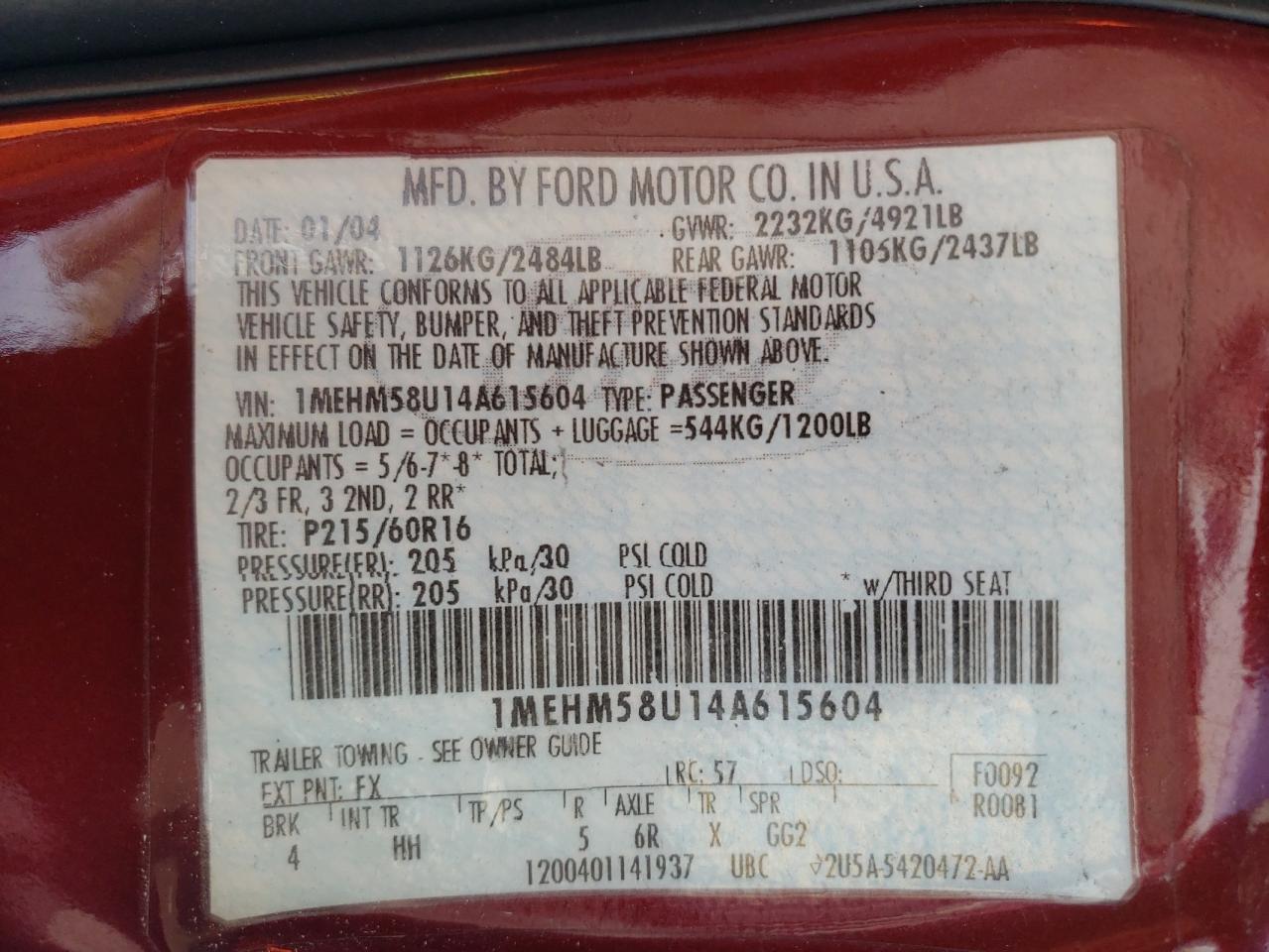 Photo 10 from auction – 2004 MERCURY SABLE GS with VIN 1MEHM58U14A615604