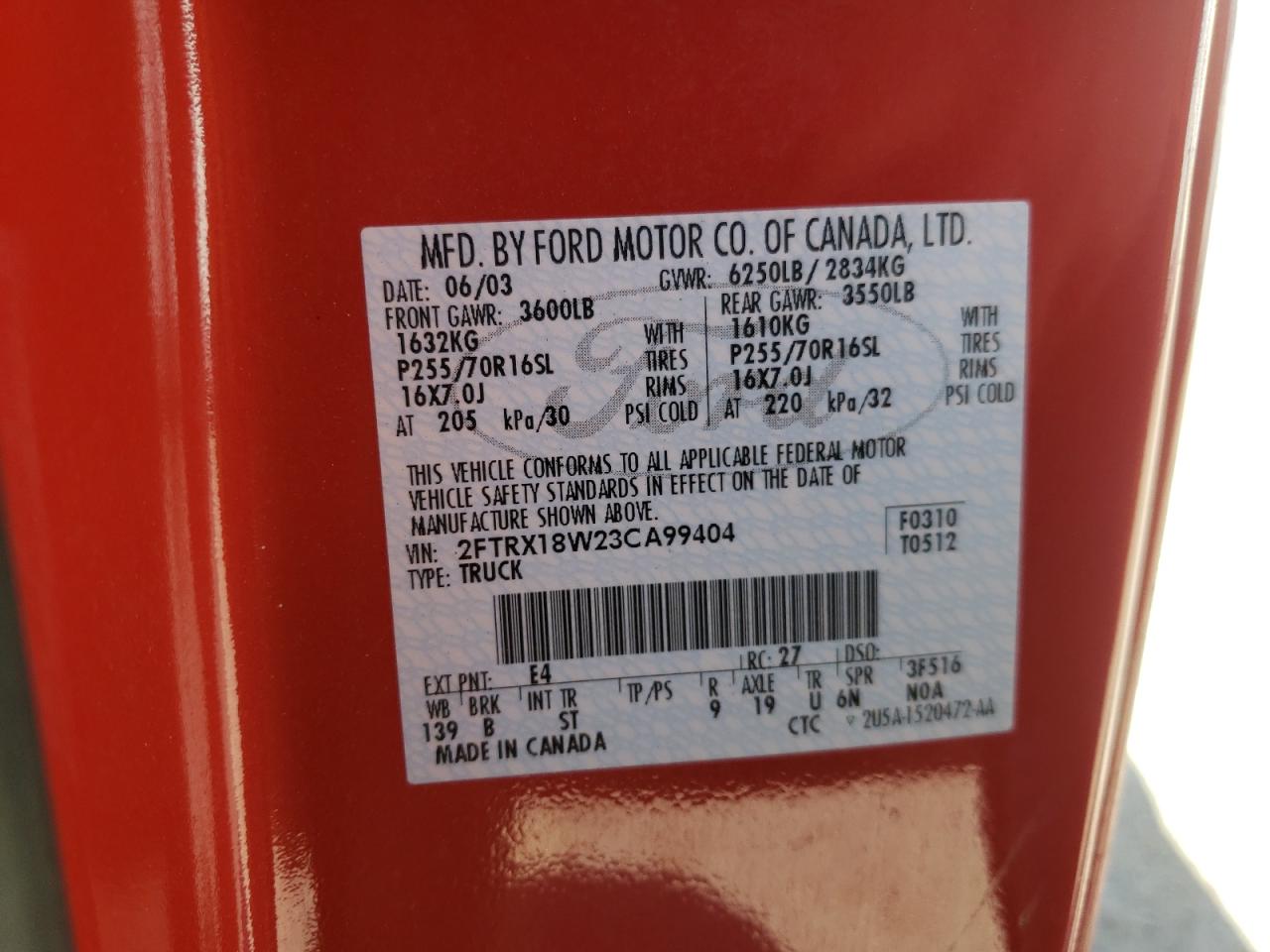 Photo 10 from auction – 2003 FORD F150 with VIN 2FTRX18W23CA99404