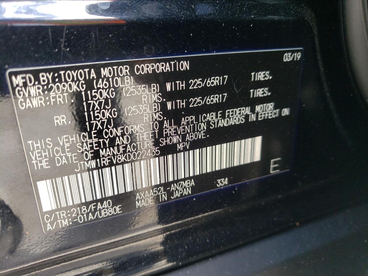 Photo 10 from auction – 2019 TOYOTA RAV4 XLE with VIN JTMW1RFV8KD022435