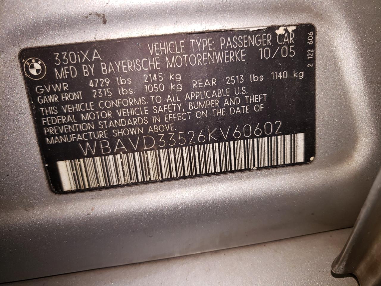 Photo 10 from auction – 2006 BMW 330 XI with VIN WBAVD33526KV60602