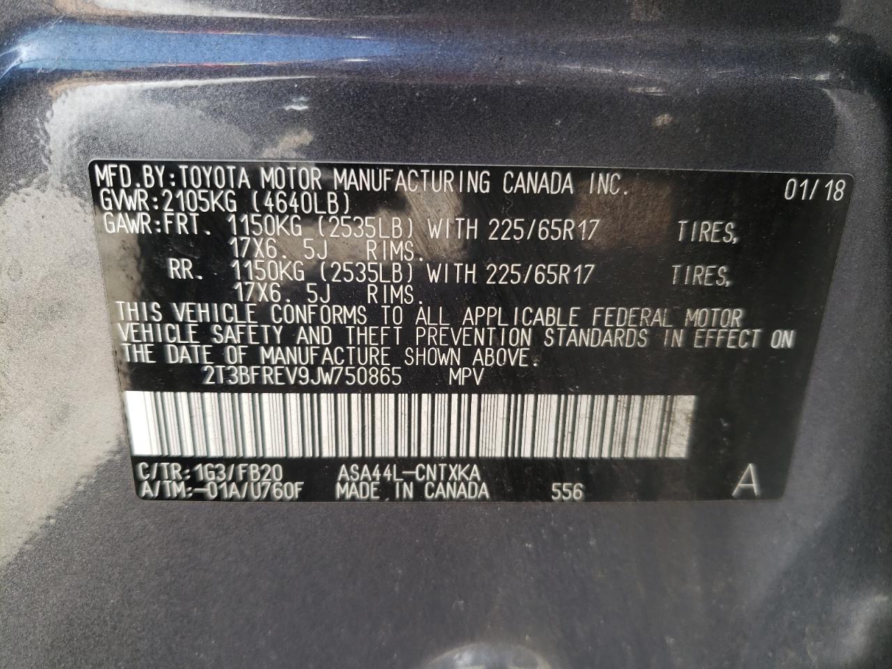 Photo 10 from auction – 2018 TOYOTA RAV4 LE with VIN 2T3BFREV9JW750865