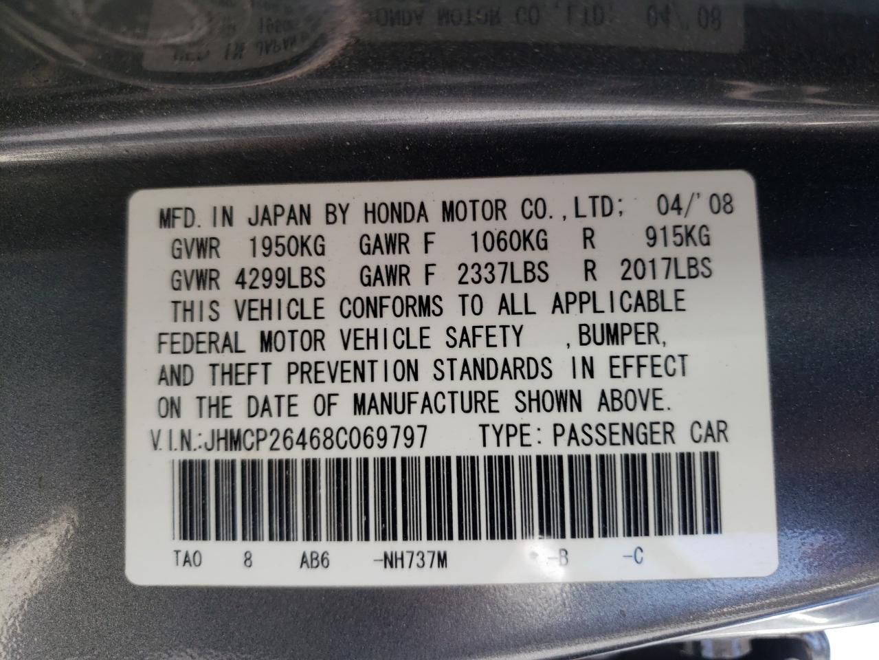 Photo 10 from auction – 2008 HONDA ACCORD with VIN JHMCP26468C069797