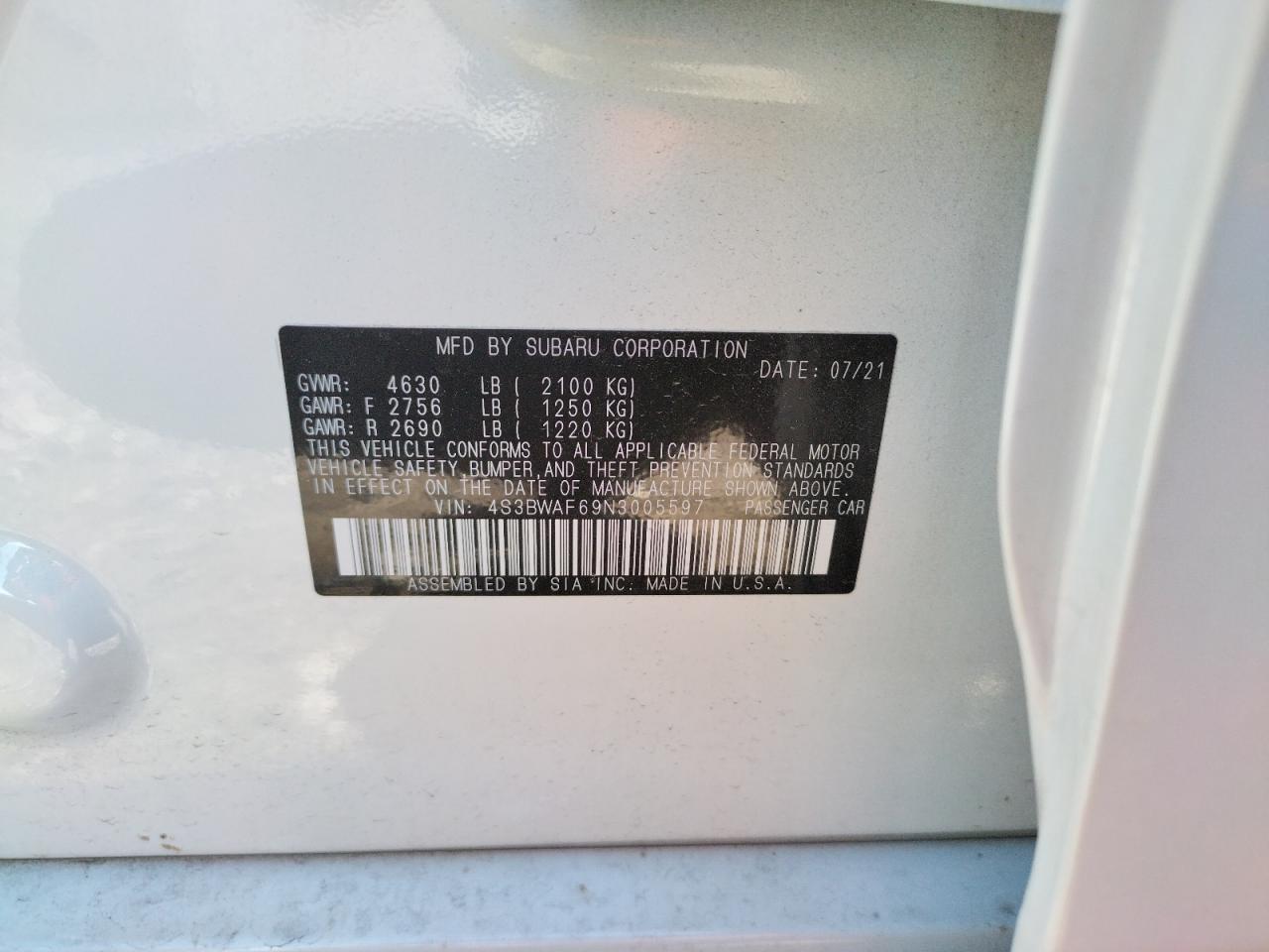 Photo 10 from auction – 2022 SUBARU LEGACY PRE with VIN 4S3BWAF69N3005597