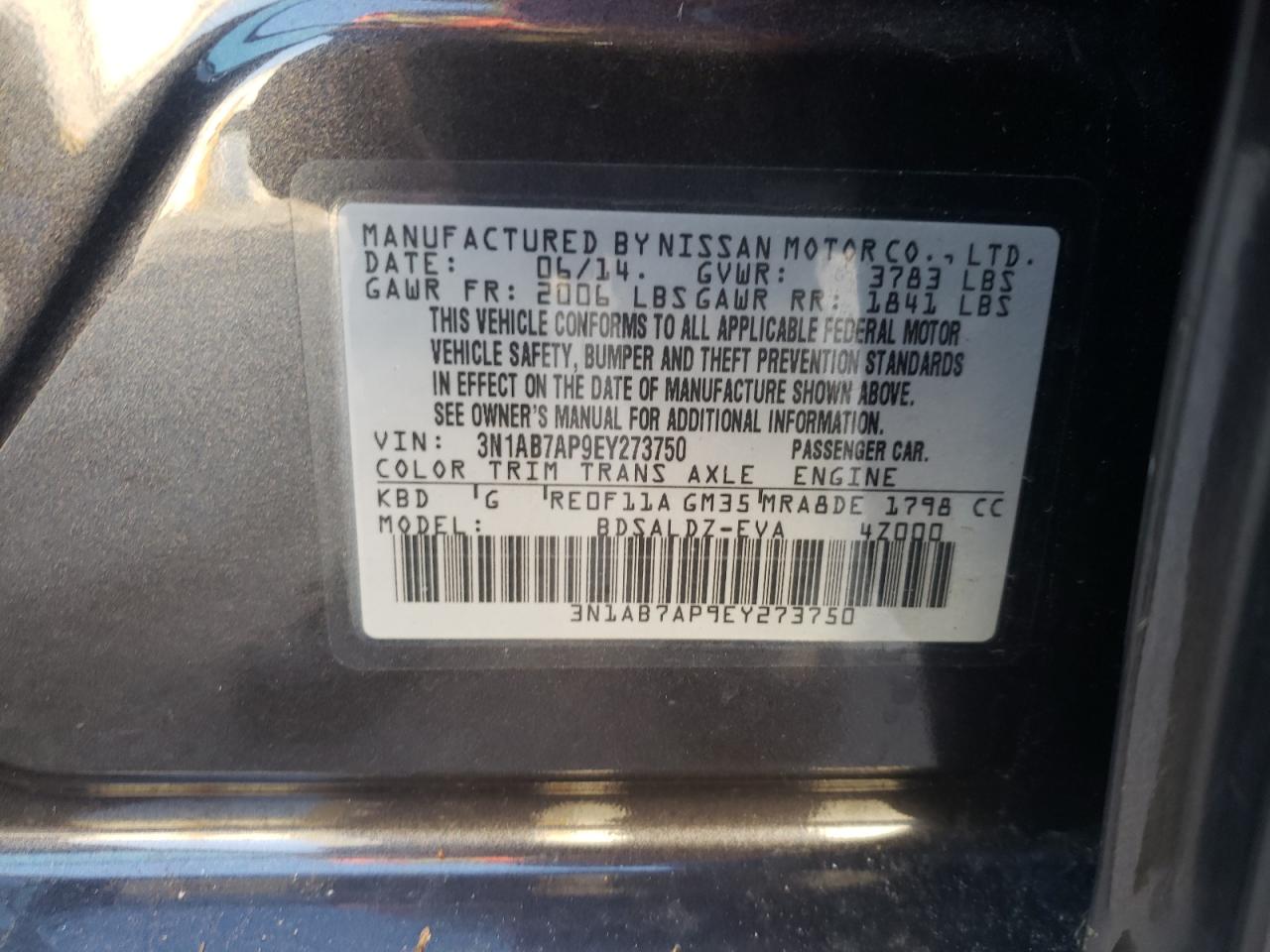 Photo 10 from auction – 2014 NISSAN SENTRA S with VIN 3N1AB7AP9EY273750