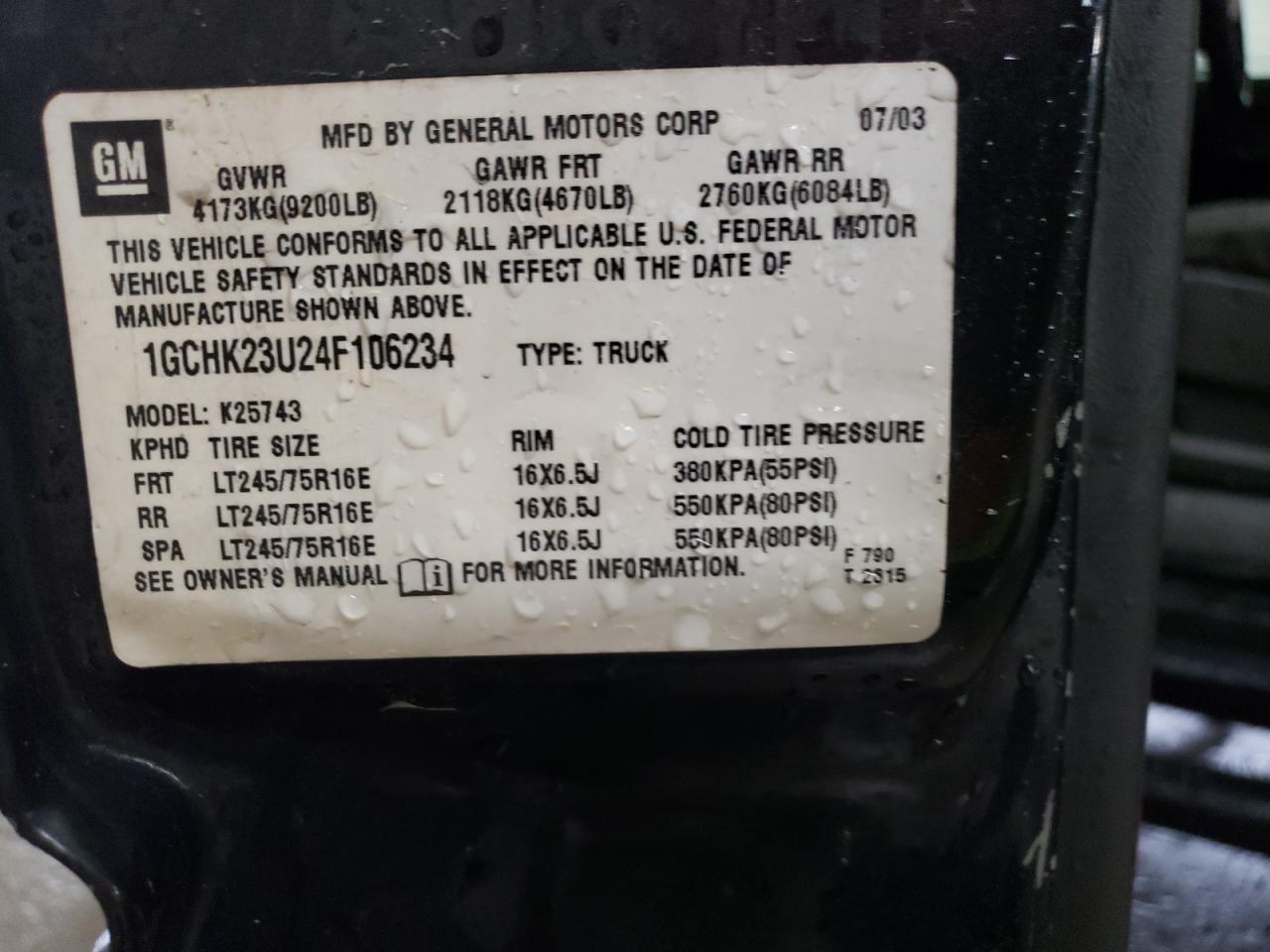 Photo 10 from auction – 2004 CHEVROLET silverado with VIN 1GCHK23U24F106234
