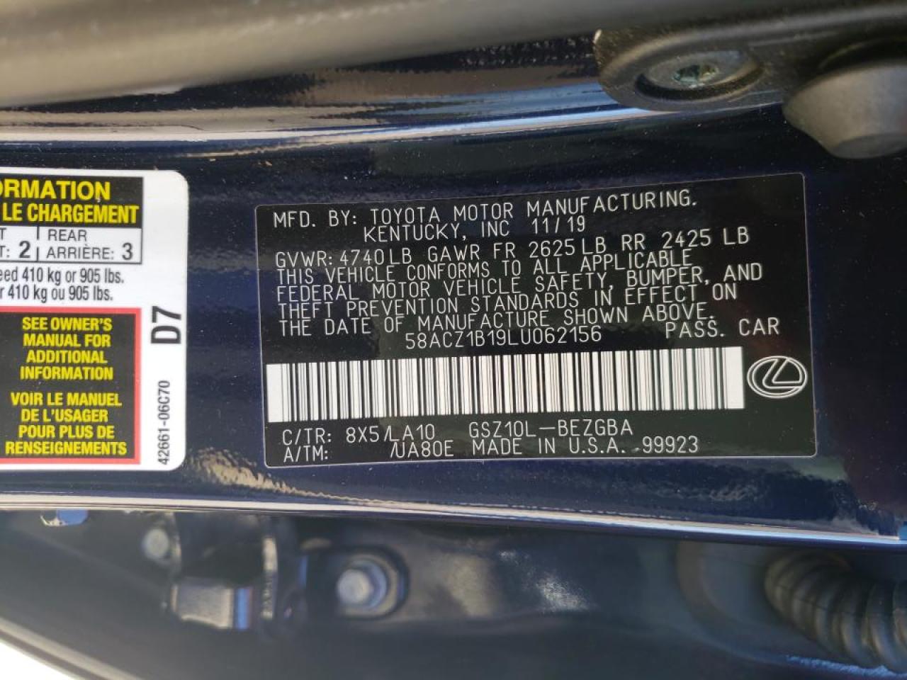 Photo 10 from auction – 2020 LEXUS ES 350 BAS with VIN 58ACZ1B19LU062156
