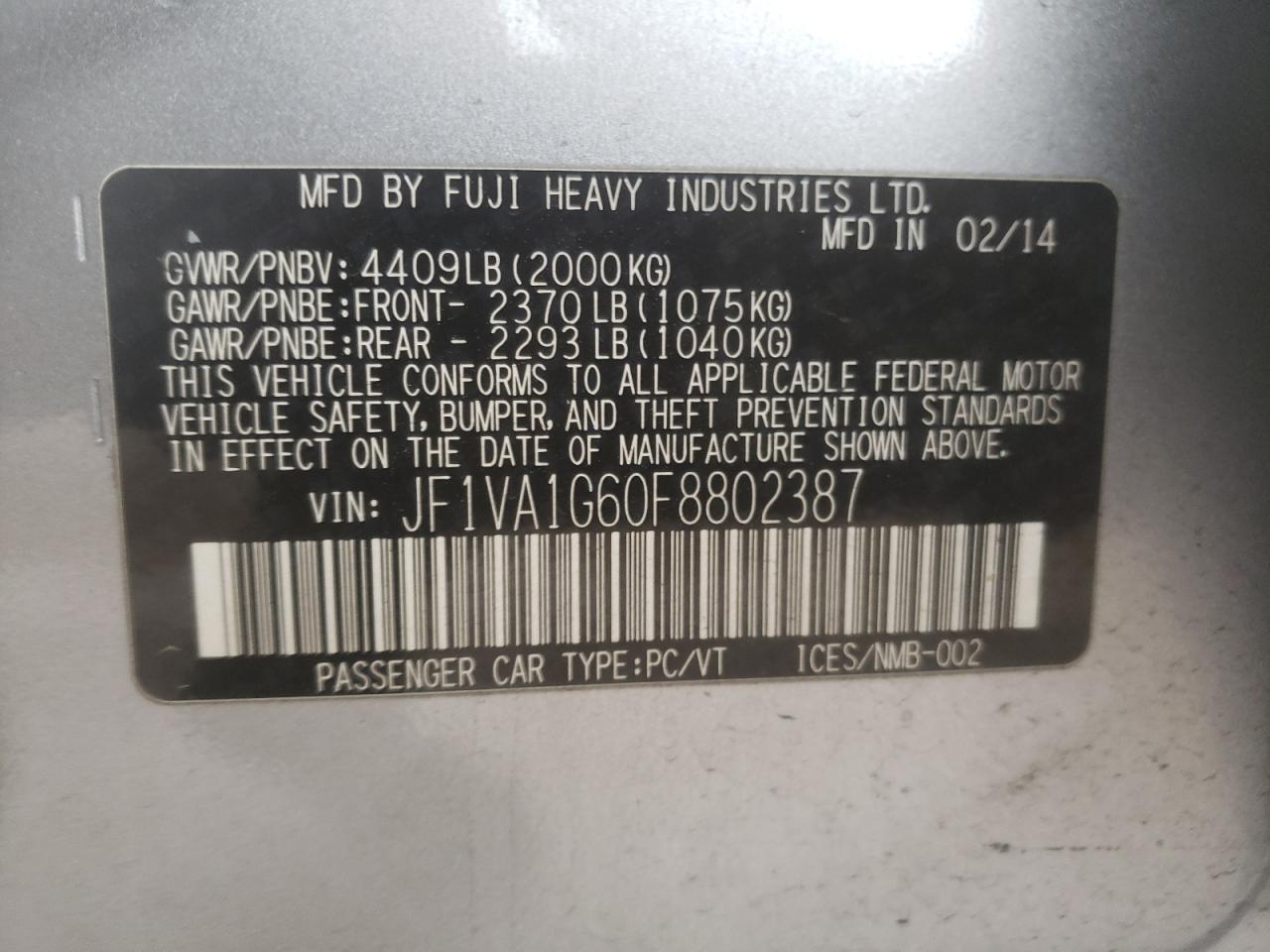 Photo 10 from auction – 2015 SUBARU WRX LIMITE with VIN JF1VA1G60F8802387
