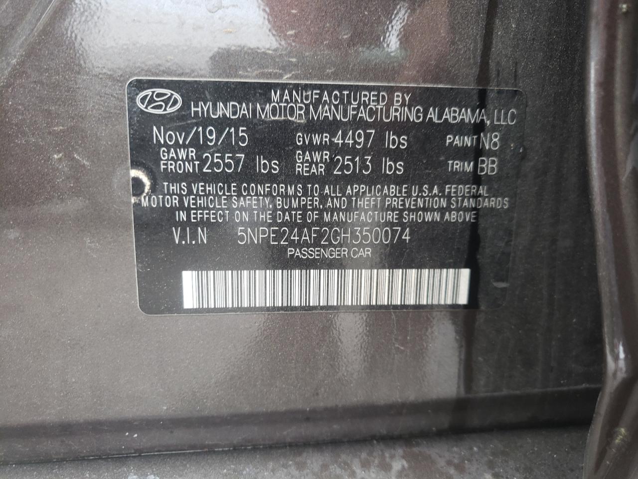 Photo 10 from auction – 2016 HYUNDAI SONATA SE with VIN 5NPE24AF2GH350074