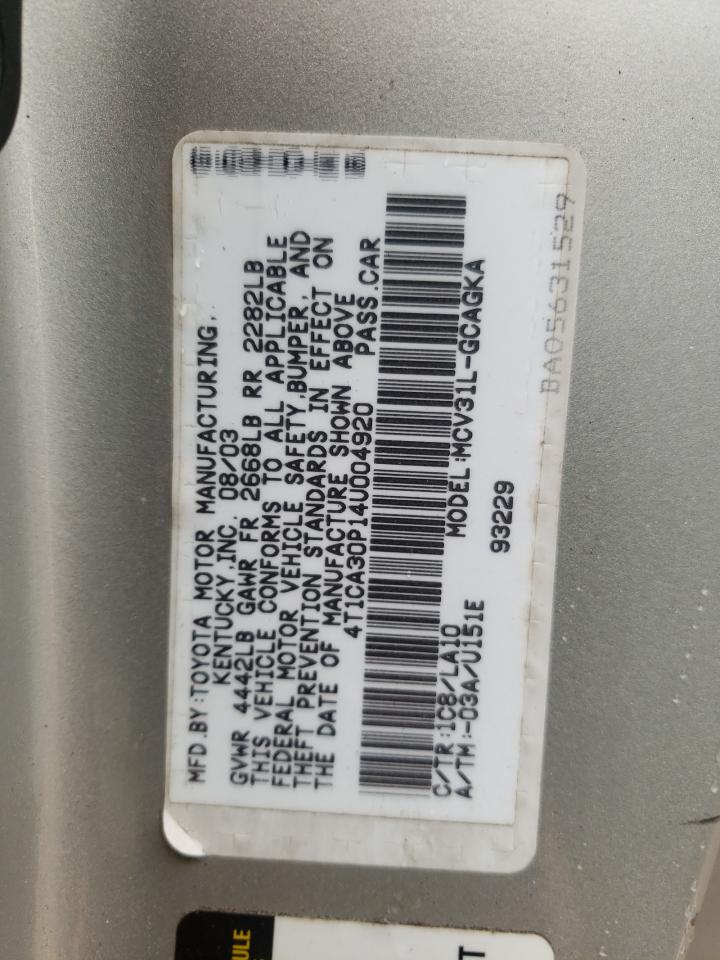 Photo 10 from auction – 2004 TOYOTA CAMRY SOLA with VIN 4T1CA30P14U004920