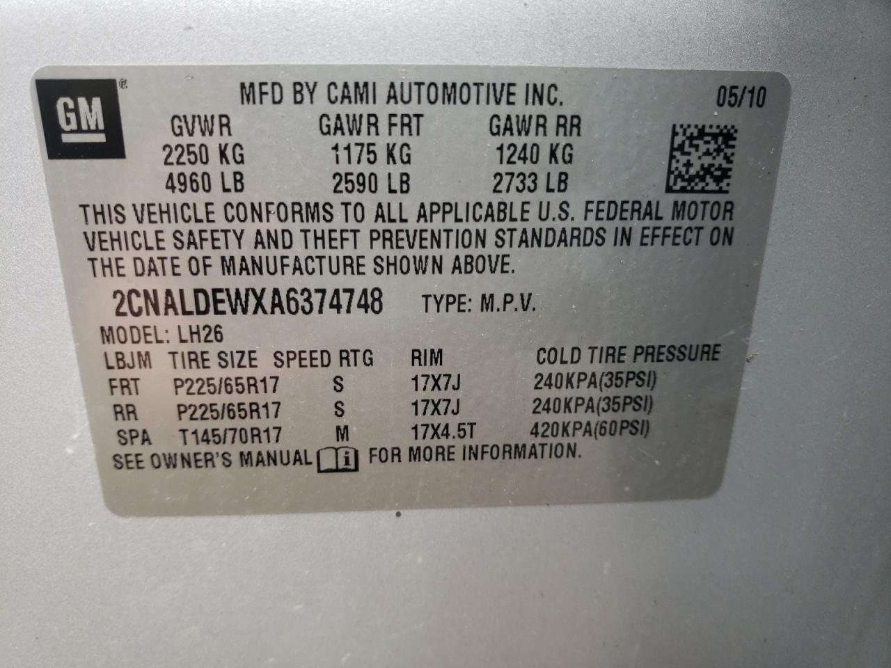 Photo 10 from auction – 2010 CHEVROLET EQUINOX LT with VIN 2CNALDEWXA6374748